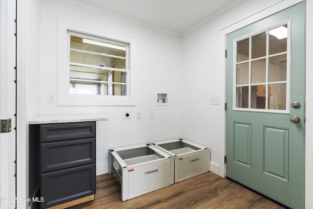 laundry room with hookup for a washing machine, dark hardwood / wood-style floors, crown molding, and electric dryer hookup