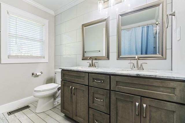 bathroom with vanity, toilet, and crown molding