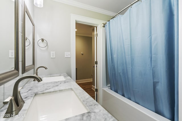 bathroom with vanity, wood-type flooring, shower / bathtub combination with curtain, and crown molding