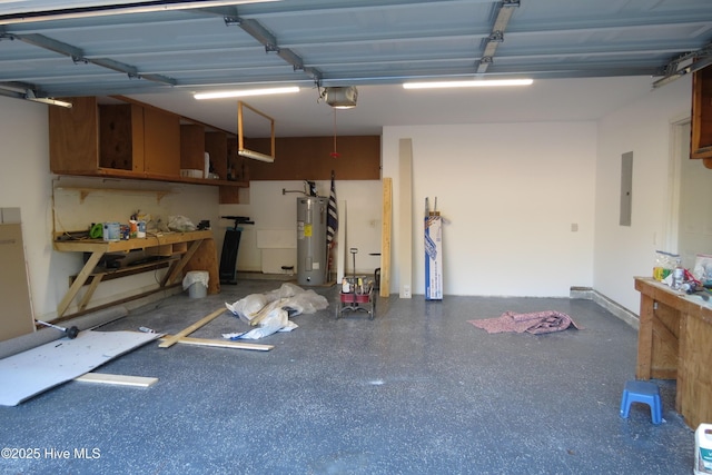 garage with electric panel, electric water heater, and a garage door opener