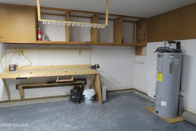 basement featuring a workshop area and water heater