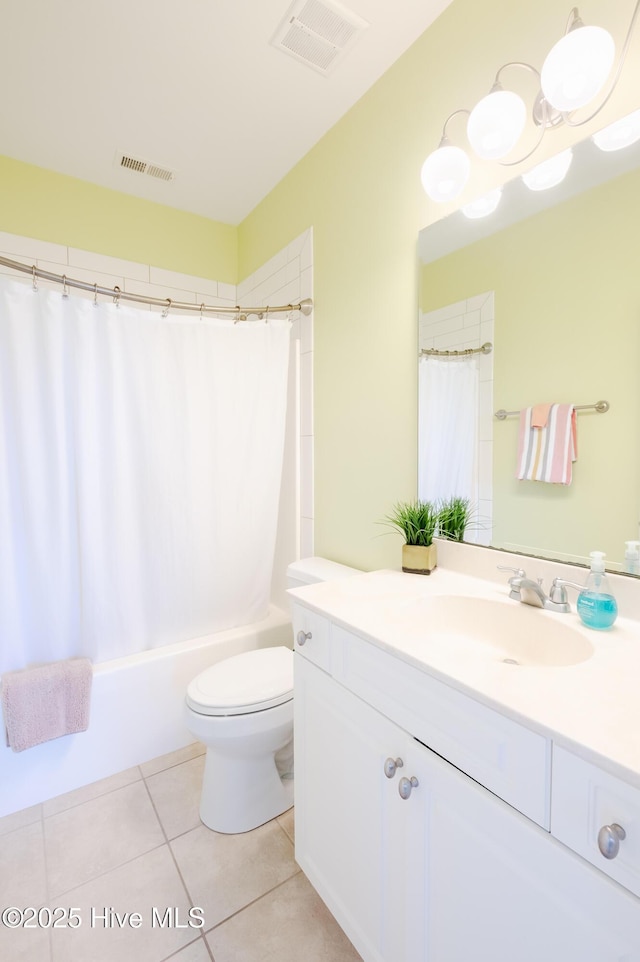 full bathroom with tile patterned flooring, vanity, toilet, and shower / tub combo with curtain