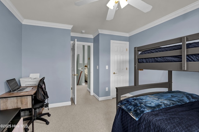 bedroom featuring light carpet, ceiling fan, and ornamental molding