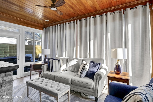 sunroom / solarium featuring ceiling fan and wood ceiling