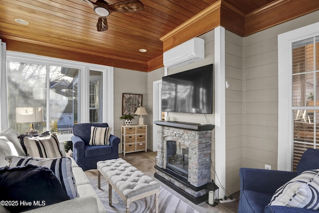 living room with a wall mounted air conditioner, ceiling fan, wood ceiling, and a fireplace