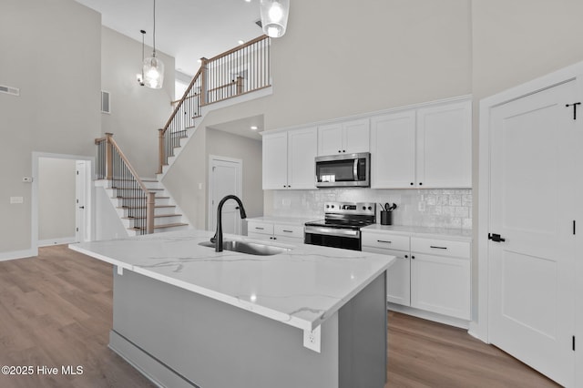 kitchen featuring white cabinets, an island with sink, decorative light fixtures, and appliances with stainless steel finishes