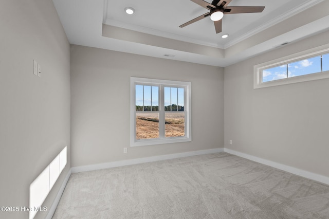 carpeted empty room featuring a raised ceiling, a wealth of natural light, and ornamental molding