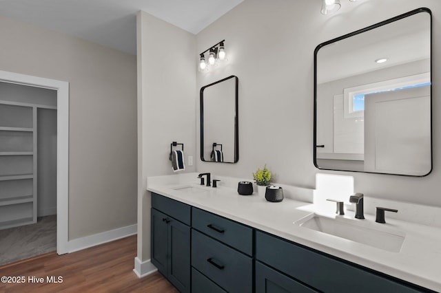 bathroom with hardwood / wood-style floors and vanity