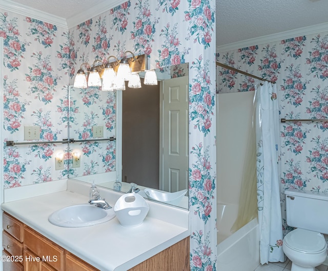 full bathroom featuring ornamental molding, shower / bath combination with curtain, a textured ceiling, and toilet