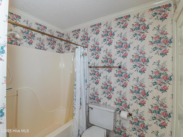 bathroom featuring crown molding, shower / tub combo with curtain, a textured ceiling, and toilet