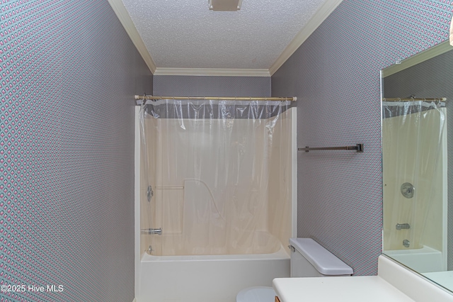 full bathroom with shower / tub combo with curtain, vanity, ornamental molding, a textured ceiling, and toilet