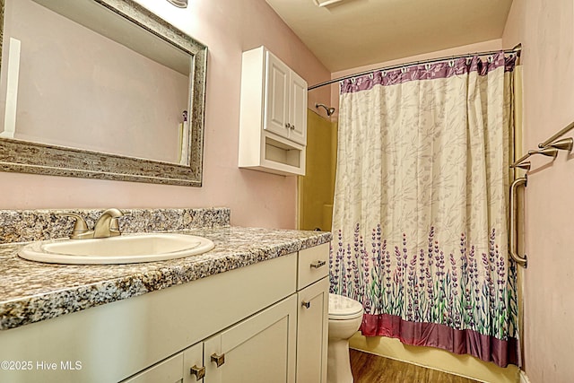 bathroom with hardwood / wood-style flooring, vanity, and toilet