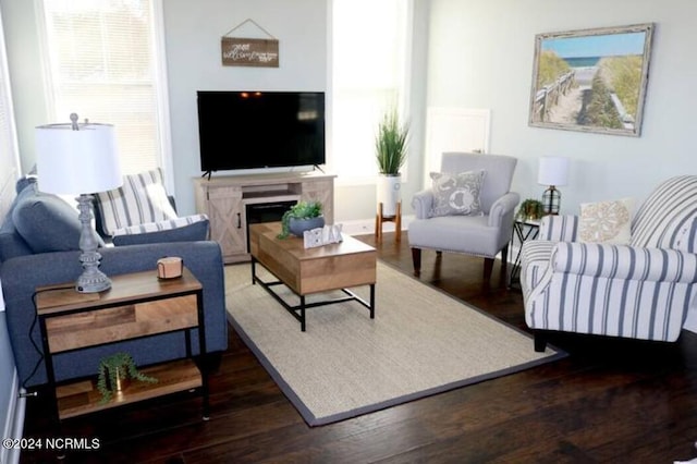 living room featuring plenty of natural light and dark wood-type flooring