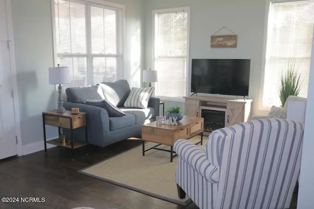 living room with dark hardwood / wood-style flooring and plenty of natural light