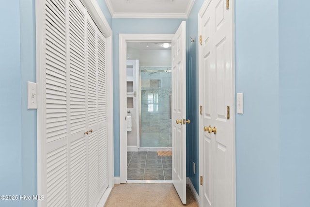 4379 Gauntlet Dr, Southport, NC 28461 - hallway featuring crown molding, carpet, and baseboards