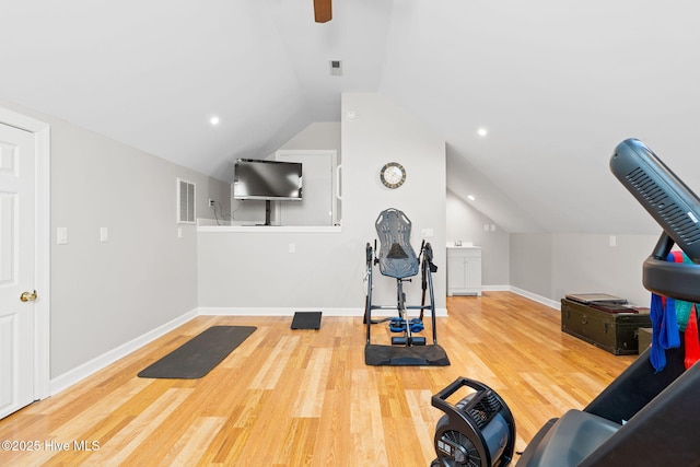 4379 Gauntlet Dr, Southport, NC 28461 - exercise area with wood finished floors, lofted ceiling, baseboards, and ceiling fan