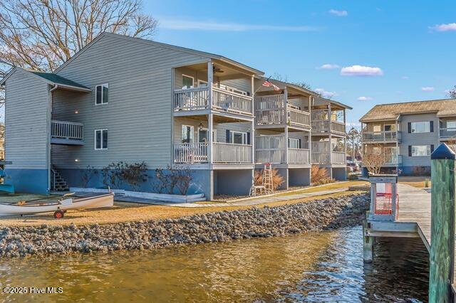 exterior space with a water view