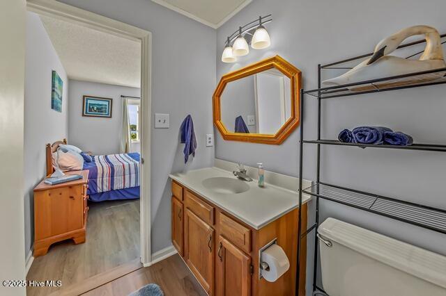 bathroom with hardwood / wood-style floors, vanity, and toilet