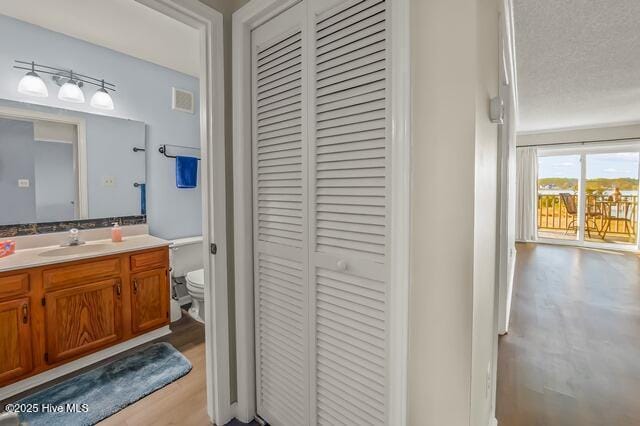 bathroom featuring a textured ceiling, vanity, hardwood / wood-style flooring, and toilet