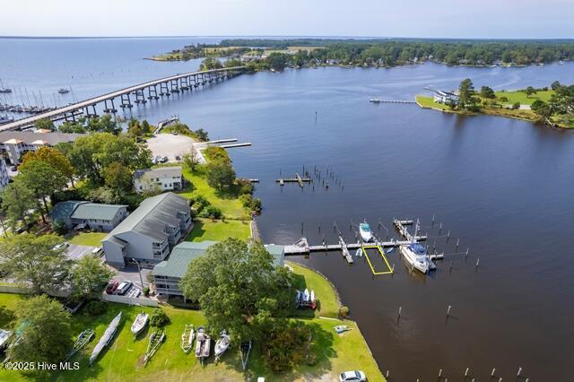 aerial view featuring a water view