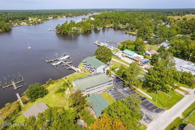 birds eye view of property featuring a water view