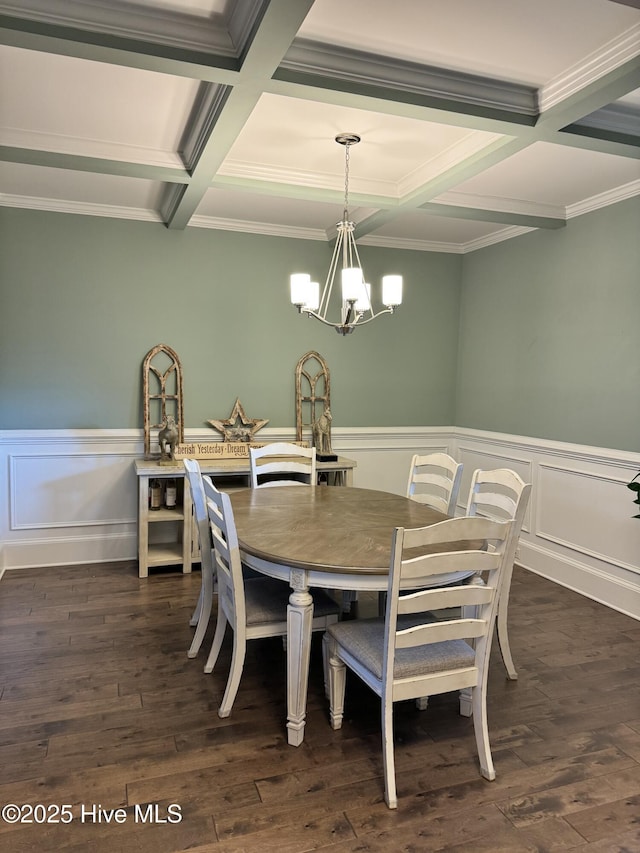 dining room with coffered ceiling, dark hardwood / wood-style floors, a chandelier, crown molding, and beamed ceiling