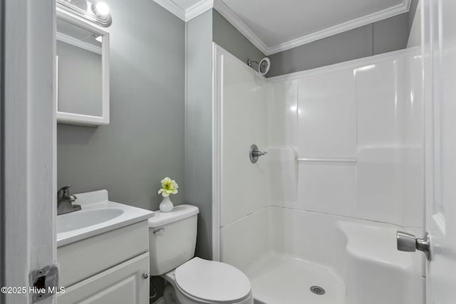 full bath with ornamental molding, vanity, toilet, and walk in shower