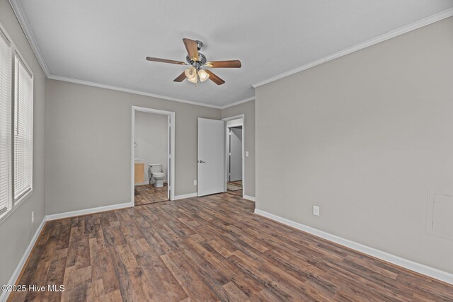 sitting room featuring ceiling fan, wood-type flooring, and ornamental molding