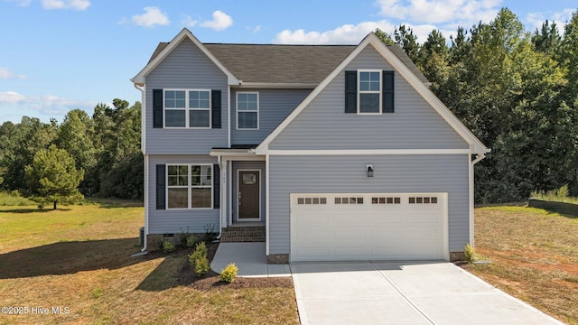 view of front facade featuring a garage and a front lawn