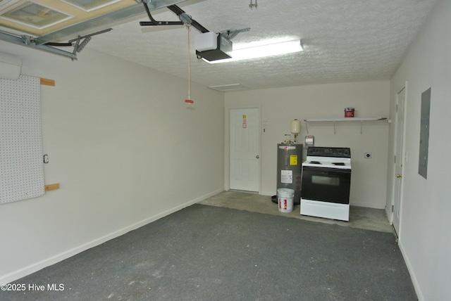 garage with a garage door opener, electric water heater, and electric panel