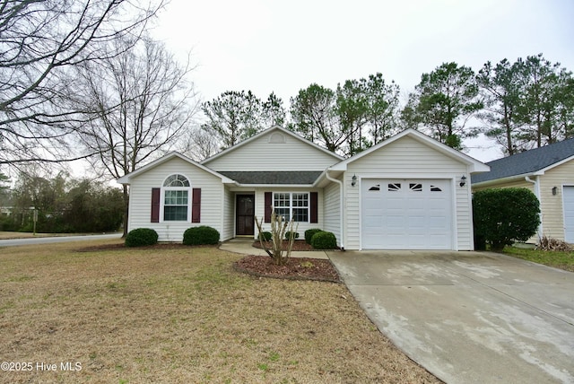 single story home featuring a garage and a front lawn