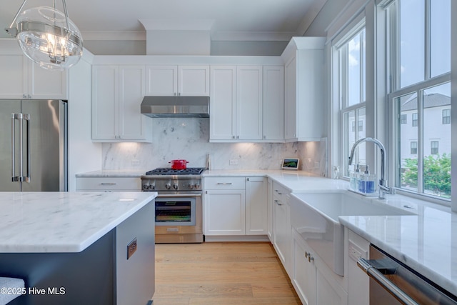 kitchen with decorative light fixtures, high quality appliances, white cabinetry, sink, and decorative backsplash