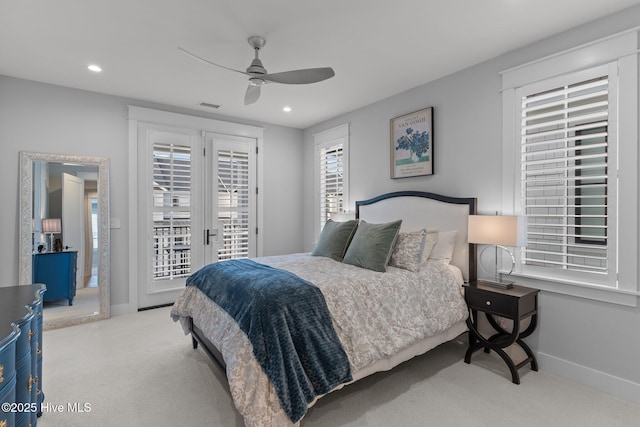 carpeted bedroom with access to outside and ceiling fan