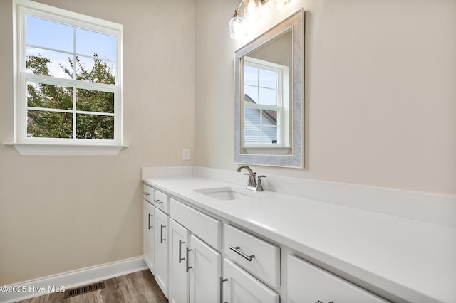 bathroom featuring visible vents, wood finished floors, vanity, and a wealth of natural light