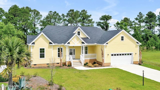 craftsman house featuring a shingled roof, a front lawn, concrete driveway, crawl space, and covered porch
