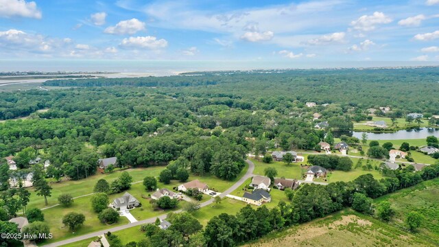bird's eye view with a water view and a wooded view