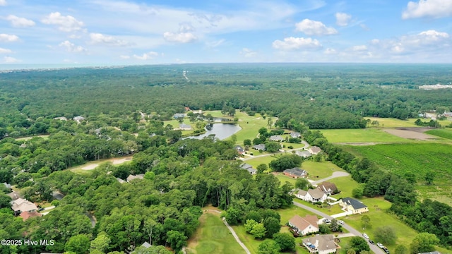 drone / aerial view with a view of trees, a residential view, and a water view
