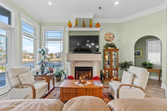 living room featuring ornamental molding