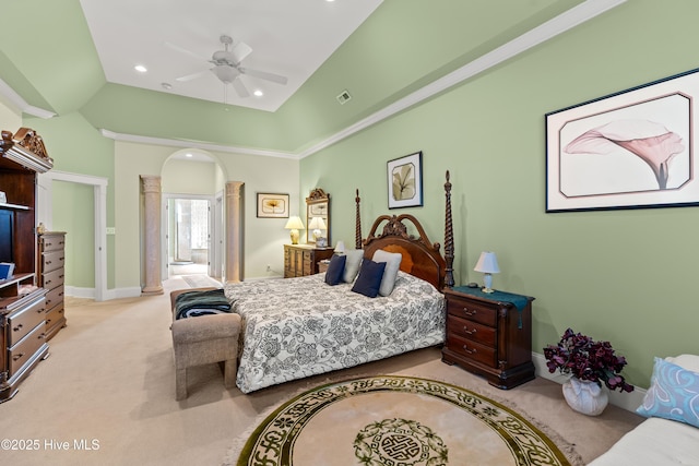 carpeted bedroom featuring high vaulted ceiling and ceiling fan