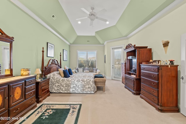 bedroom with ceiling fan, crown molding, vaulted ceiling, and light carpet