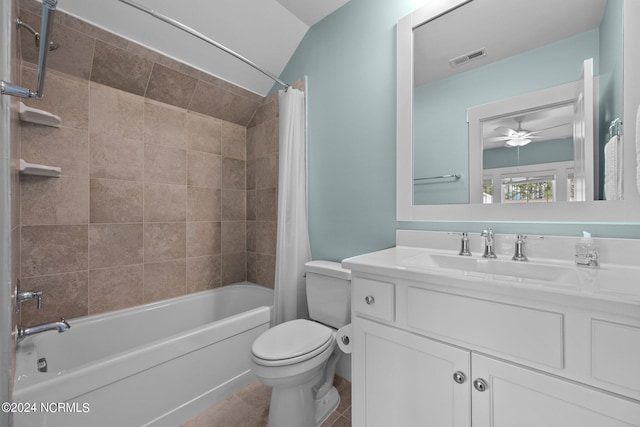 full bathroom with shower / bath combo, vanity, vaulted ceiling, ceiling fan, and toilet