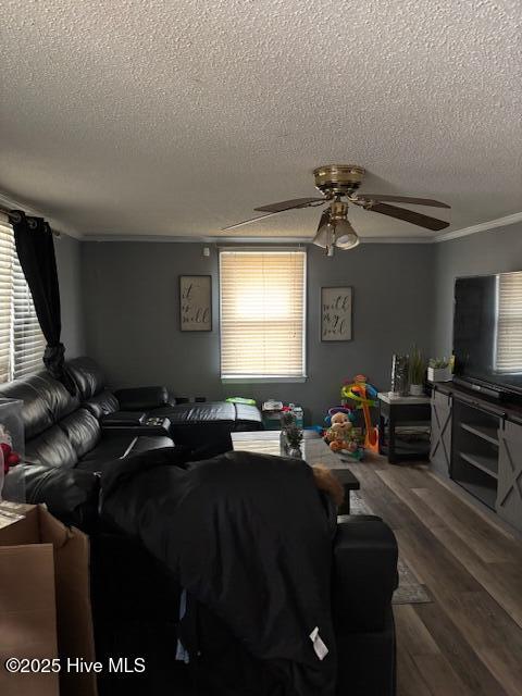 living room with crown molding, ceiling fan, wood-type flooring, and a textured ceiling