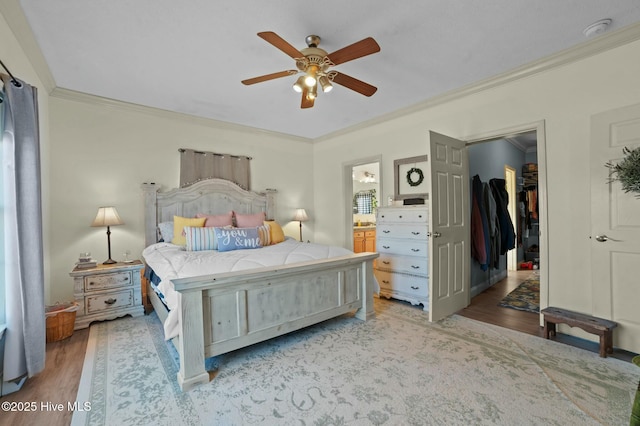 bedroom with connected bathroom, ornamental molding, a walk in closet, light hardwood / wood-style floors, and a closet