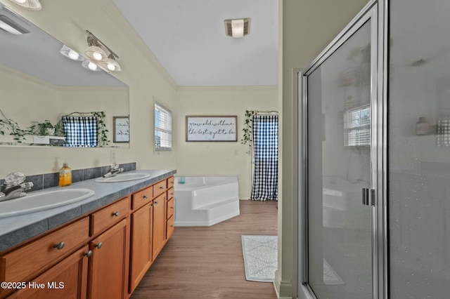 bathroom featuring vanity, wood-type flooring, ornamental molding, and independent shower and bath