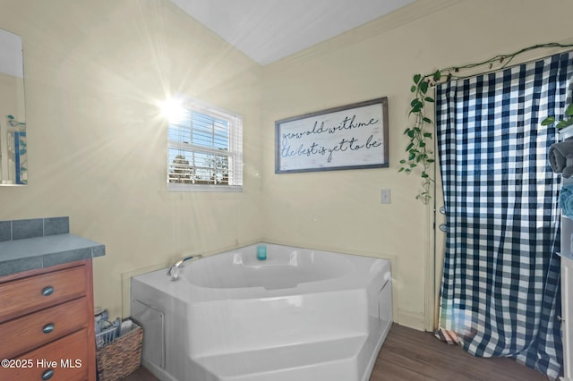 bathroom featuring vanity, hardwood / wood-style floors, and a bathtub