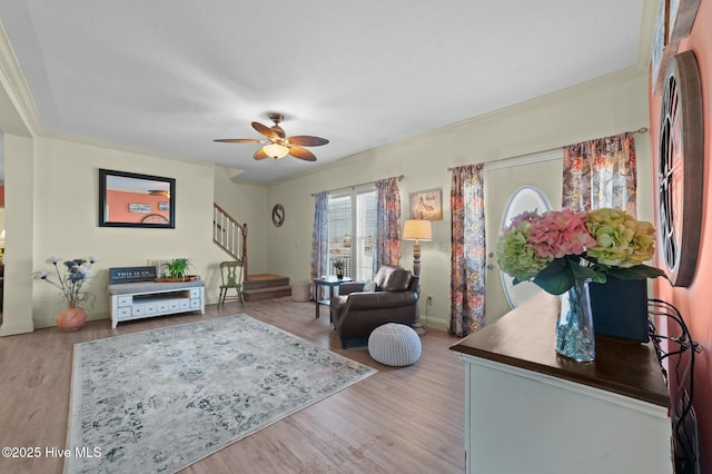 living room with ceiling fan, ornamental molding, and light hardwood / wood-style floors