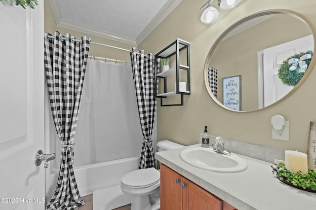 full bathroom with crown molding, shower / tub combo, vanity, a textured ceiling, and toilet