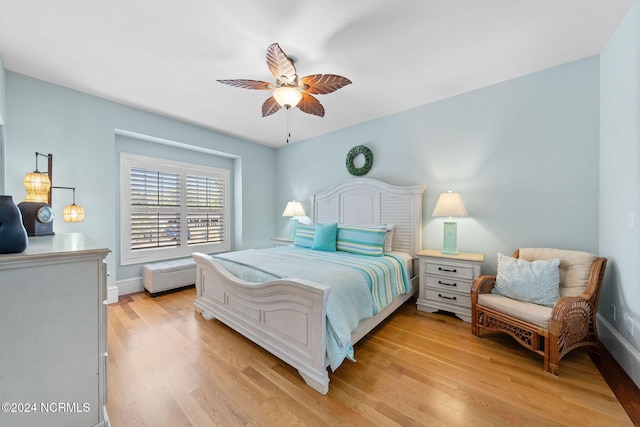 bedroom featuring ceiling fan and light wood-type flooring