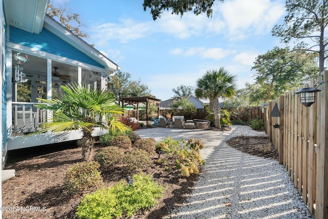 112 NE 28th St, Oak Island, NC 28465 - fenced backyard featuring a patio area, an outdoor living space, a sunroom, and a pergola