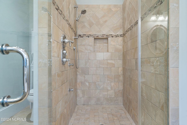 bathroom with toilet and a shower with shower door